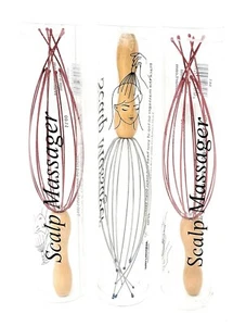 Scalp Massager Hand Held Wooden Handle, Set of 3: 2 Red Tipped, 1 Blue, New - Picture 1 of 1