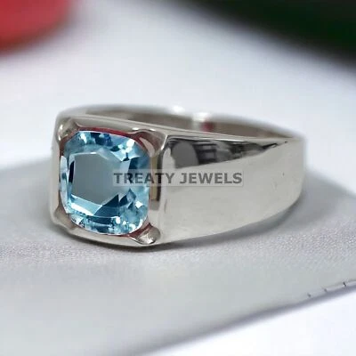 Piedras preciosas de aguamarina de corte cojín con anillo de plata de ley 925 para hombre #153 * Foto 1 de 4