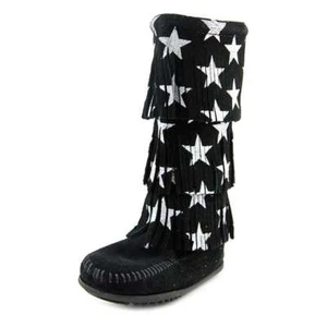 Minnetonka Kids Girls 3-Layer Fringe Suede Mid Calf Slip On Side Zip Winter Boot - Picture 1 of 15