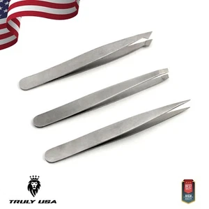 TRULY USA 3 PCS Set Professional Stainless Steel Premium Tweezers Set FREE Ship - Picture 1 of 2