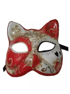 White Red with Hearts Cat Masquerade Mardi Gras Venetian Mask - Picture 1 of 4