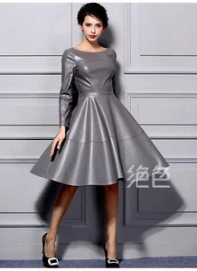 Women's Gray Dress Real Leather Soft Lambskin Slim Fit Causal Wear Ladies Dress - Picture 1 of 8