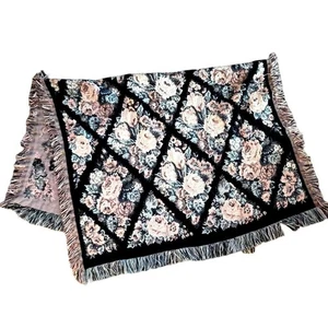 Rose Floral Afghan Throw Blanket Pink and Black 48 x 68 plus fringe - Picture 1 of 4