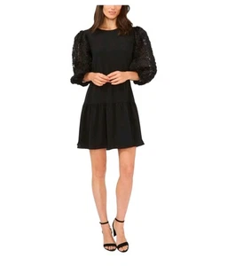 Women' CeCe Floral-Sleeve Ruffled Hem Holiday Affair Dress Black Size L NWT - Picture 1 of 9