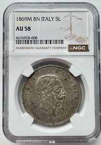 1869-M-BN ITALIEN 5 LIRE SILBERMÜNZE, AU58 NGC - Bild 1 von 2