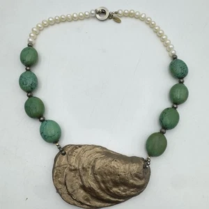 Hermosa Jewelry  Sea Shell Amulet Pendant Green Faux Turquoise Pearl Necklace - Picture 1 of 14