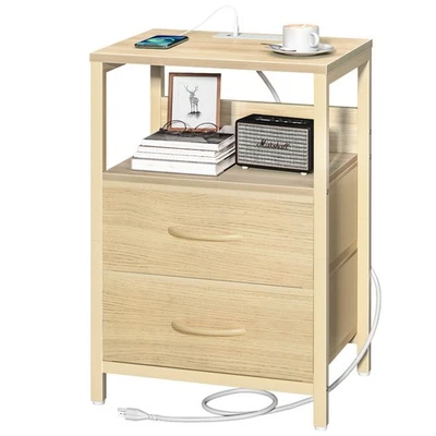 Nightstand with Charging Station, Small Night Stand with Fabric Drawers and S... - Image 1 of 4