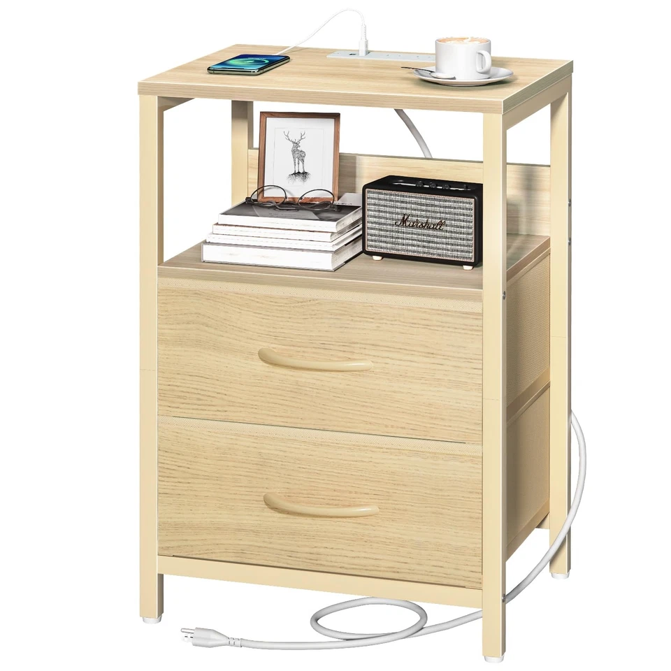 Nightstand with Charging Station, Small Night Stand with Fabric Drawers and S... - Image 1 of 4