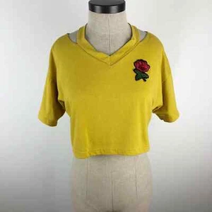 Cropped T-Shirt Gr. Small gelb bestickt Rose Patch Cutout kastig bauchfreies Oberteil - Bild 1 von 11