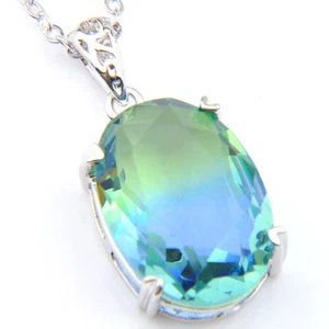 Classical Oval Cut London Blue Bi Colored Tourmaline Gem Silver Necklace Pendant - Picture 1 of 6