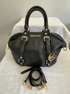 Michael Kors Bedford Belted Medium Black Leather Satchel Bag Crossbody Strap - Picture 1 of 9