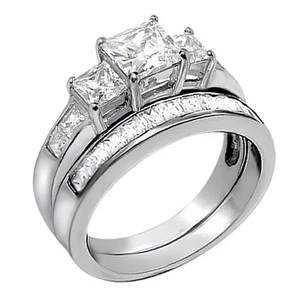 925 Sterling Silver Engagement Rings for Women Princess Cut Wedding Ring 3 Stone - Picture 1 of 12