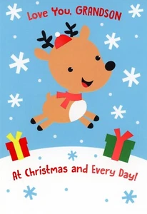 Cute MERRY CHRISTMAS Card FOR YOUNG GRANDSON, Reindeer Playing by Hallmark +✉ - Picture 1 of 5