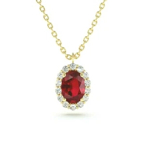 0.78CT Oval Cut Ruby & Diamond Solitaire Halo Necklace 14K Yellow Gold Plated - Picture 1 of 5