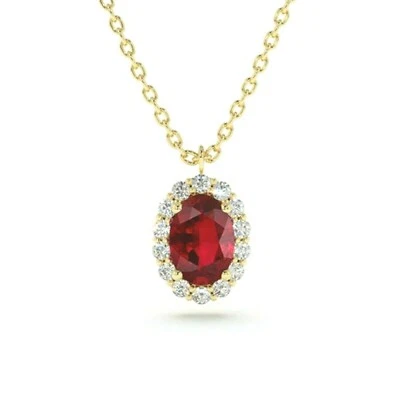 0.78CT Oval Cut Ruby & Diamond Solitaire Halo Necklace 14K Yellow Gold Plated - Image 1 of 4