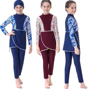 Fashion Girls Long Sleeve Swimwear Swimsuit Split Burkinis Muslim Bathing Suits - Picture 1 of 28