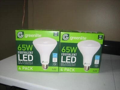 2 x 4 Pack Greenlite LED BR30 Dimmable 8 Watt Floodlight Bulbs 670 Lumens 65W Eq - Image 1 of 4