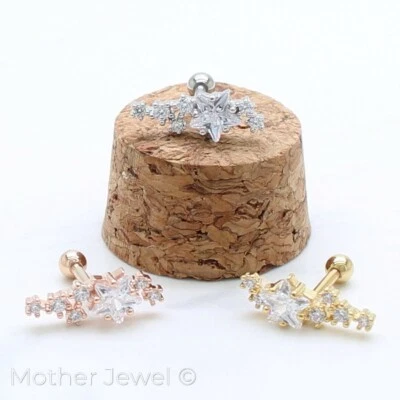 DIAMANTE SIMULADO RACIMO ESTRELLA CARTÍLAGO LABRET PLATA AMARILLO ORO ROSA IP stud Foto 1 de 4