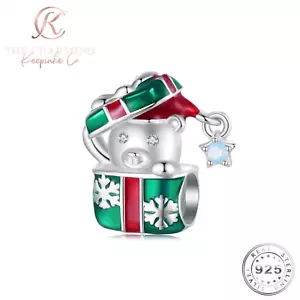 Weihnachtsbär Anhänger echt 925 Sterling Silber für Bettelarmband rot & grün - Bild 1 von 6
