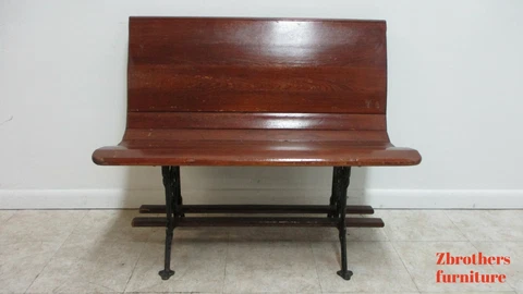 Antique Bench Settee Victorian Cast Iron Oak Church Pew Railroad Gothic  37" D Cover