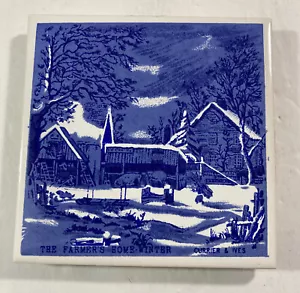 Placa de pared Currier & Ives Trivet ""The Farmer's Home Winter"" azul y blanca - Imagen 1 de 6