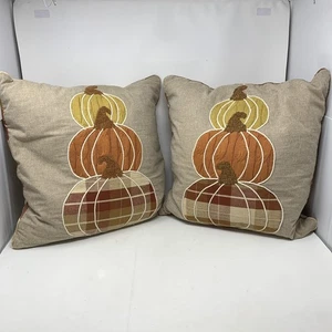 2 Well Dressed Home Fall Plaid Orange Pumpkin Feather Throw Pillows 16" Autumn - Picture 1 of 10