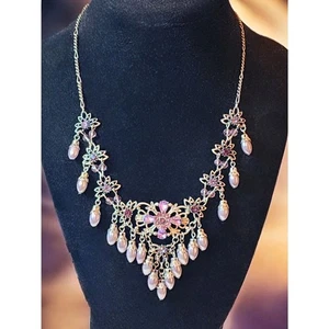 Gothic Floral Statement Necklace – Purple Crystals & Pearl Drops – Bib Style - Picture 1 of 4