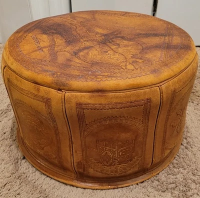 Vintage MCM Round Ottoman Brown Foot Stool Leather Castro El Caballo Blanco - Image 1 of 4