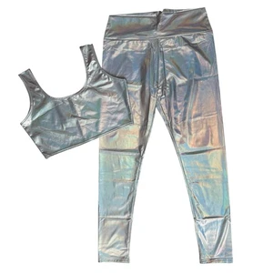 New 2 Piece Set Iridescent Festival Top & Leggings Sz Large Futuristic Halloween - Picture 1 of 14