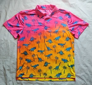 Chubbies Pink / Orange / Yellow Dinosaurs Print Golf Polo Shirt - Size Large - Picture 1 of 4