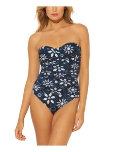 BLEU Women's Navy Stretch Ruched Sweetheart Bandeau One Piece Swimsuit 8 - Picture 1 of 6