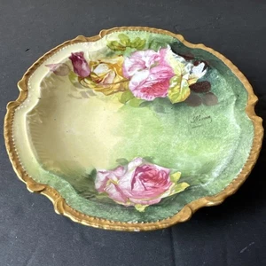 Antiguo Limoges Francia I.R.L. Placa Firmada Nexon Pintado a Mano Rosas Borde Dorado - Imagen 1 de 11