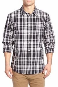 Dockers Men's Fitted Washed Print Woven Slim Fit Shirt Black Plaid Size Small - Picture 1 of 5