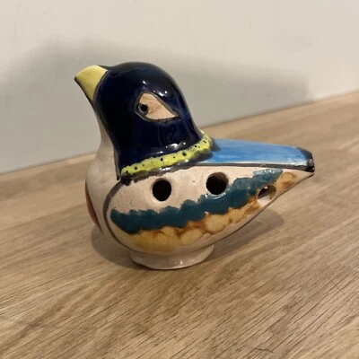 Ancien Appeau Sifflet Forme Oiseau en Terre Cuite Vernissée Signé R - Photo 1/4