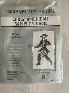 VINTAGE DRUMMER BOY EARLY AMERICAN SAMPLER LOOK CROSS STITCH KIT BELGIAN LINEN - Picture 1 of 5