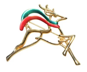Broche prendedor vintage de reno de Navidad Danecroft tono dorado esmalte rojo y verde - Imagen 1 de 6