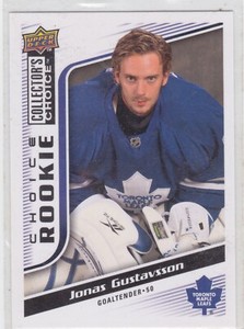 09/10 COLLECTORS CHOICE...JONAS GUSTAVSSON...ROOKIE....CARD # 296....MAPLE LEAFS