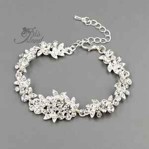 Women Silver Plated Clear Crystal Rhinestone Wedding Bangle Bracelet Leaf 10028 - Picture 1 of 5