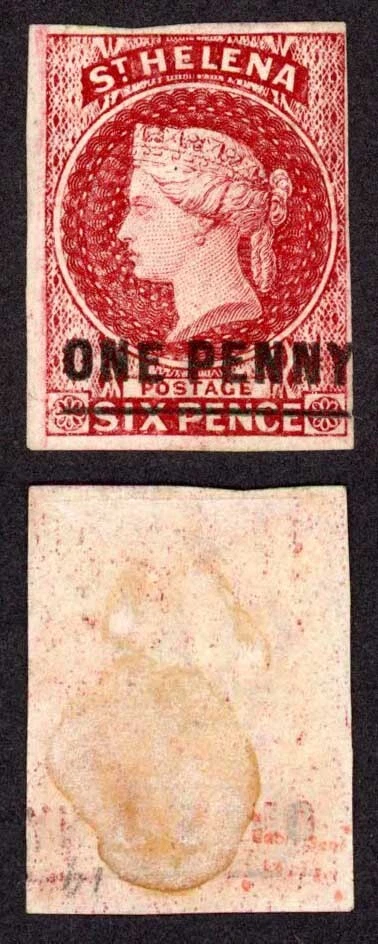 St Helena SG4 1d Lake Overprint Tipo B Cuatro márgenes parte goma gato 160 libras Foto 1 de 1