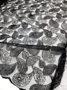 Black Lace Embroidery Mesh Sequins Cord Lace Fabric By The Yard Paisley Design - Picture 1 of 17