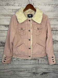 VTG L.E.I. Y2K Pink Bomber Corduroy Quilted Lined Jacket Faux Fur Collar Large - Picture 1 of 15