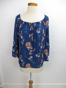 BB Dakota Top M Navy Floral Print Bell Sleeve Low Scoop Neck Tie Front Casual - Picture 1 of 6