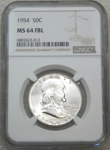 1954 P Franklin Half Dollar NGC MS64FBL Frosty White Full Bell Lines PQ #F178B - Bild 1 von 4