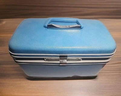 复古 SAMSONITE 剪影蓝色火车箱硬壳化妆品梳妆行李箱 — 第 1/4 张图片