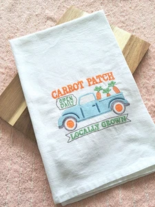 Easter Kitchen Tea Towel Embroidered Farmhouse Pick Up Truck Loaded With Carrots - Picture 1 of 9