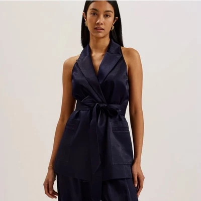Chaleco Ted Baker para mujer a medida satinado largo con cinturón - Azul marino - 5 - Nuevo con etiquetas Foto 1 de 4