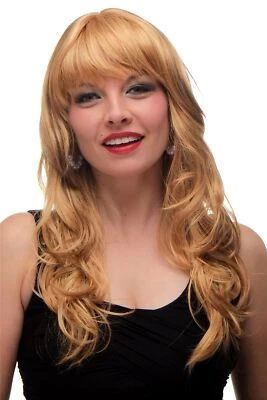 WIG ME UP Peluca mujer rizada larga escalonada flequillo marrón rubio mechón platino destacados