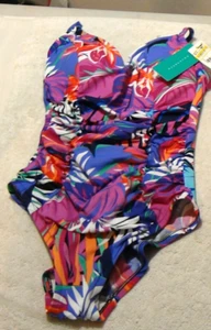 Aqua Green Women's UPF 50 Shirred V-Neck One Piece Swimsuit Floral M - Picture 1 of 18