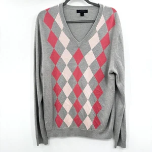 Express Mens Silk Cashmere Argyle Sweater Sz L Gray Pink V-Neck Preppy Old Money - Picture 1 of 9