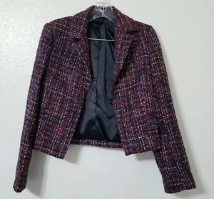 Ellen Tracy Tweed Crop Jacket Spotted Black Red, Blue White Womens Size 4 - Picture 1 of 8